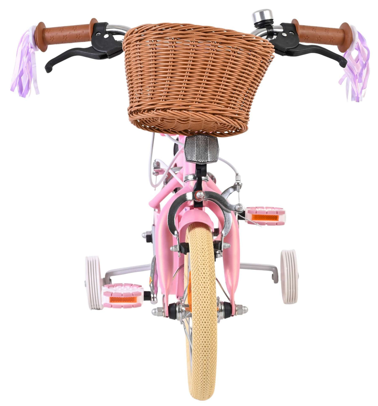 Rosa Kinderfahrrad mit Korb und bunten Griffen, stabiler Rahmen