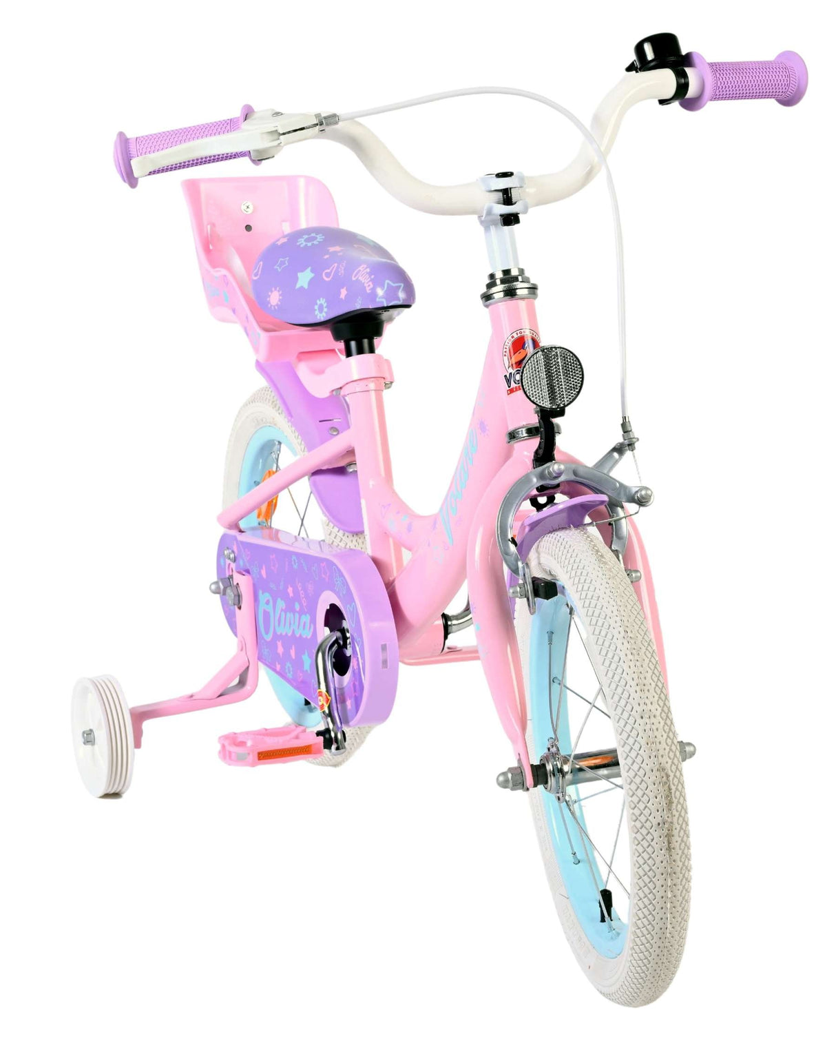Rosa Kinderfahrrad mit Stützrädern und buntem Sattel