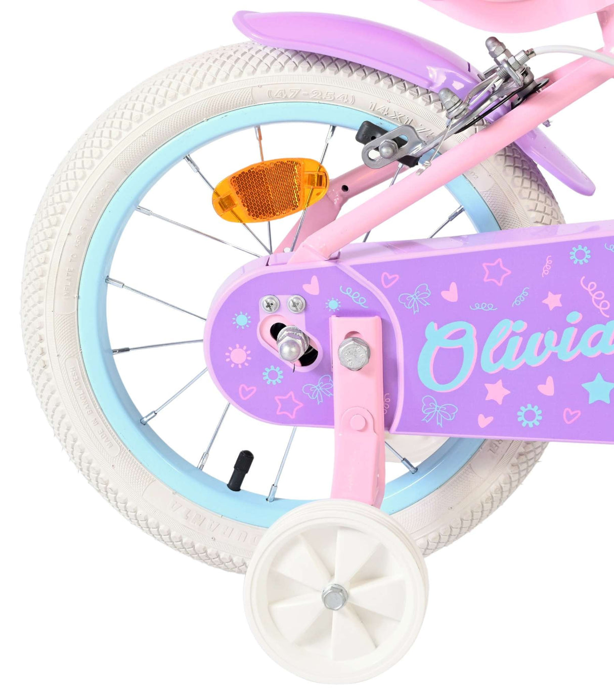 Lila Kinderfahrrad mit weißen Reifen und pinken Details, Stützrad sichtbar
