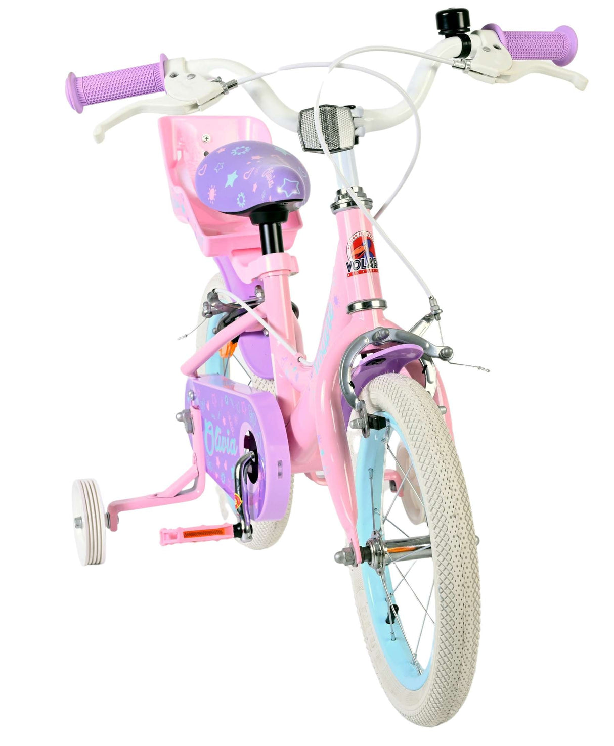 Rosa Kinderfahrrad mit weißen Reifen und buntem Sattel