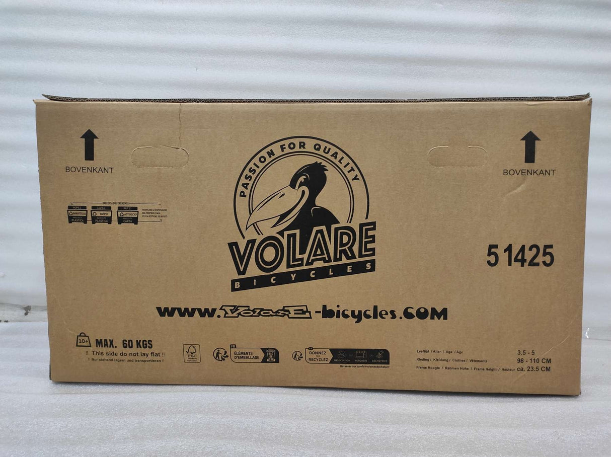 Kartonverpackung für ein Fahrrad mit Logo und Gewichtshinweis