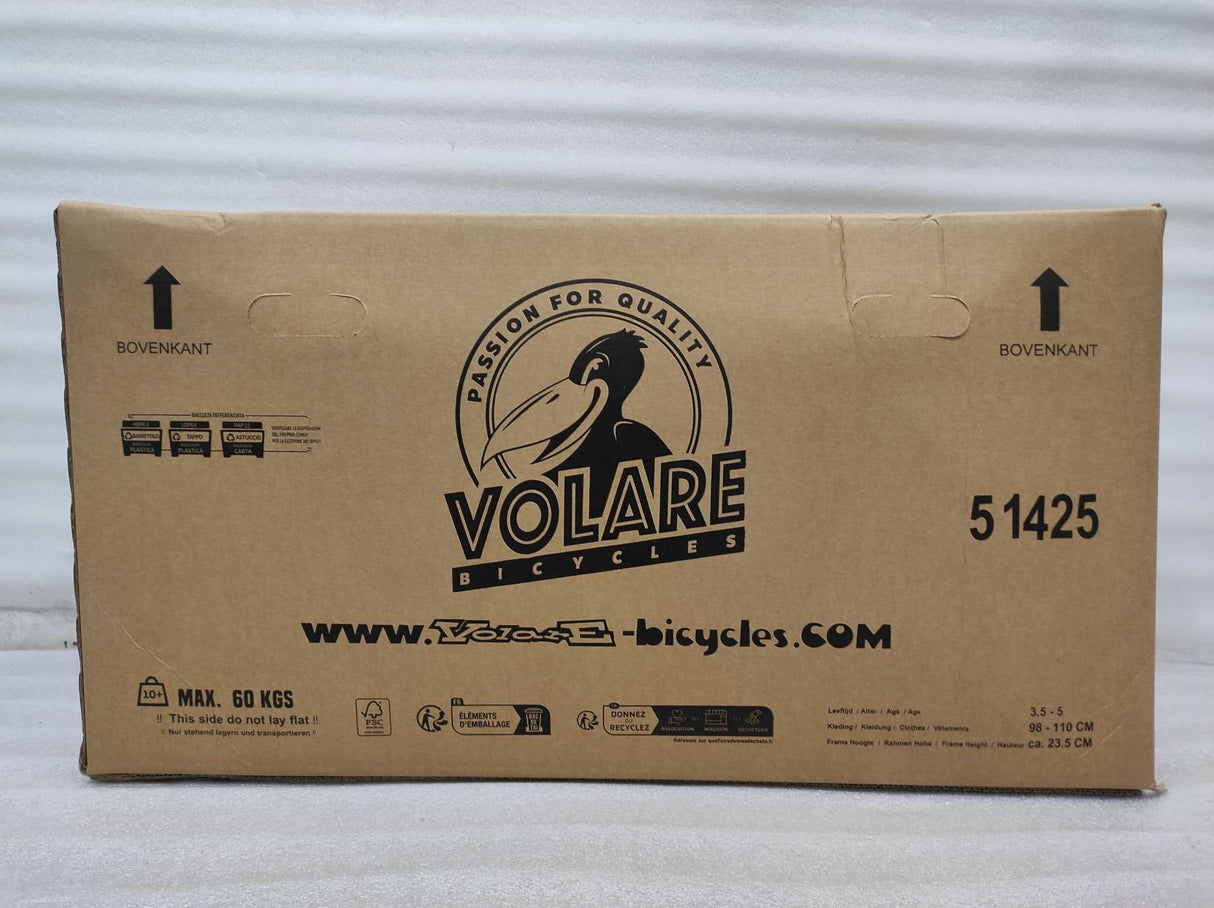 Kartonverpackung für ein Fahrrad mit Logo und Gewichtshinweis