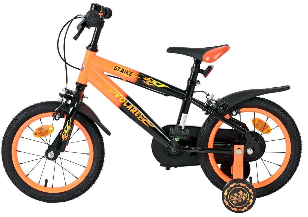 Kinderfahrrad in Schwarz und Orange mit Stützrädern und sportlichem Design