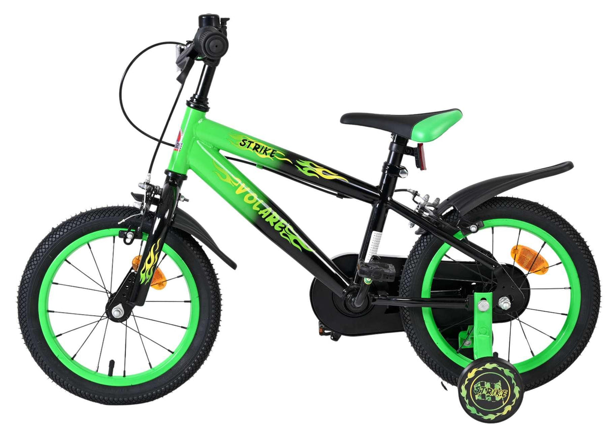 Kinderfahrrad in Schwarz und Grün mit Stützrädern und 16-Zoll-Rädern