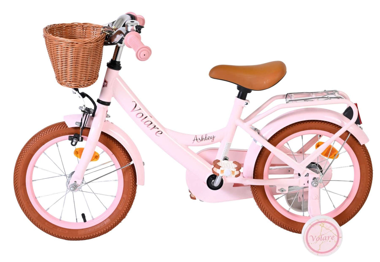 Rosa Kinderfahrrad mit Korb, braunen Reifen und bequemen Sitz