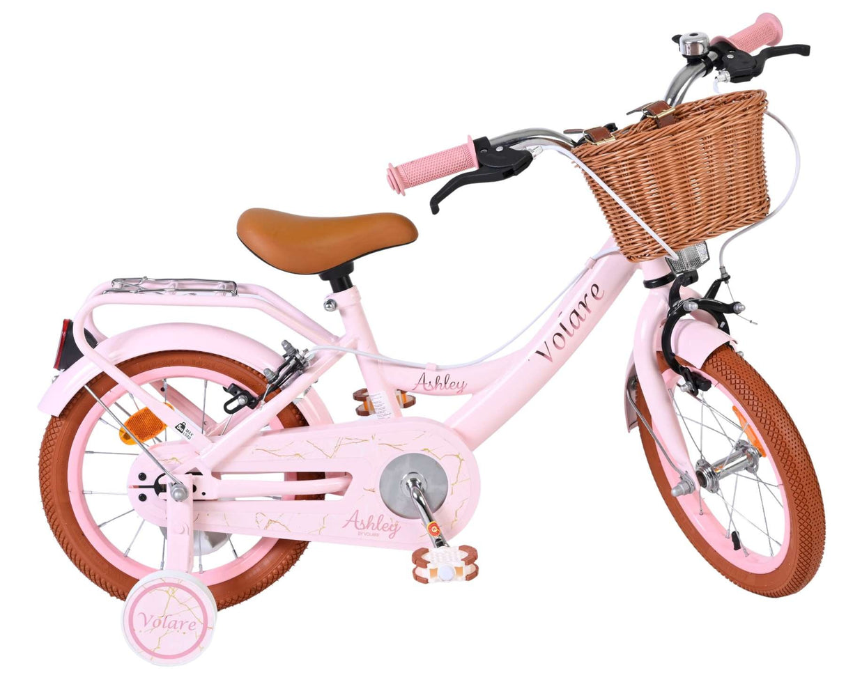 Rosa Kinderfahrrad mit Korb, braunem Sattel und Reifen