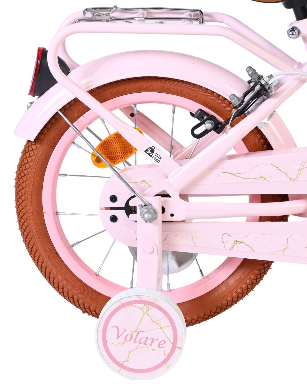 Rosa Fahrrad mit braunen Reifen und goldenen Akzenten am Rahmen