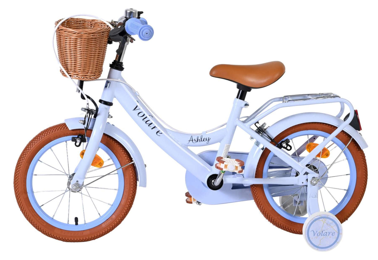 Kinderfahrrad in Blau mit Korb und braunen Reifen