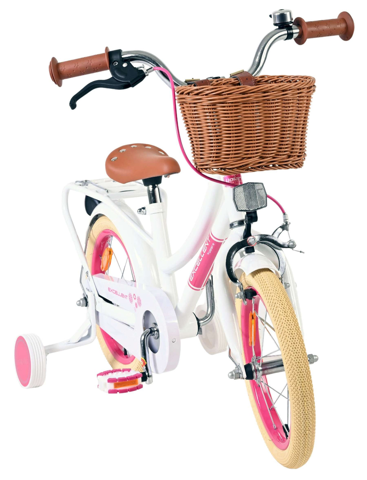 Weißes Kinderfahrrad mit Korb, braunem Sattel und pinken Akzenten