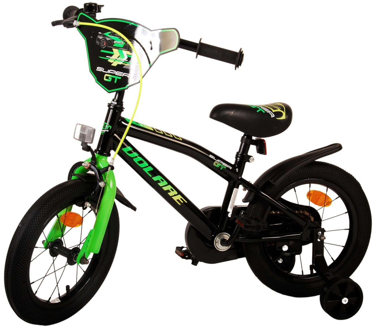 Schwarzes Kinderfahrrad mit grünen Akzenten und 16-Zoll-Rädern