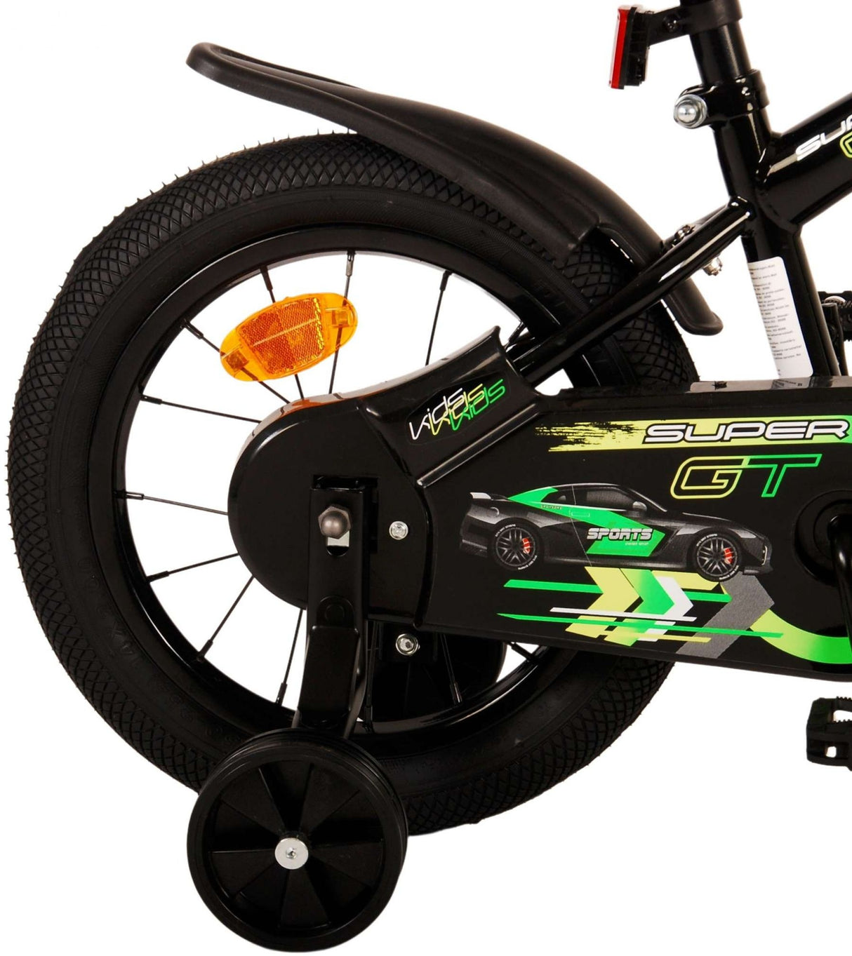 Fahrrad mit schwarzem Hinterrad und grünem Design, Schutzblech vorhanden
