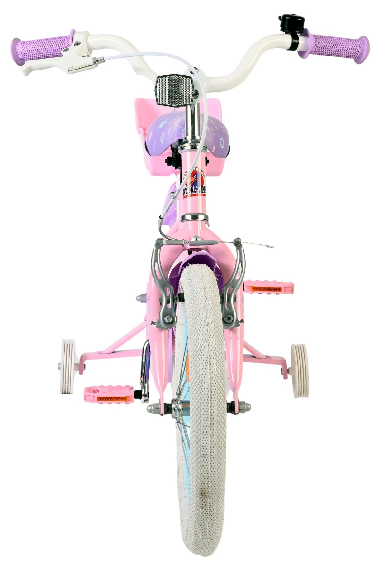 Rosa Kinderfahrrad mit Trainingstrollen und bunten Griffen