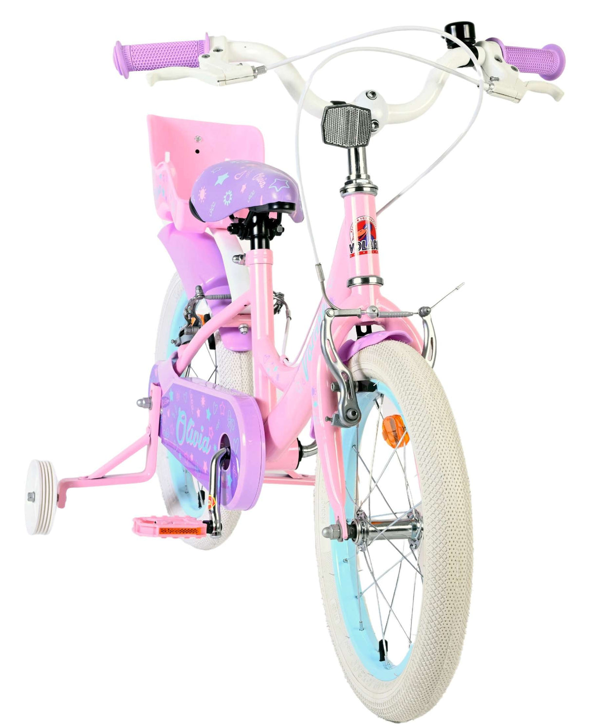 Kinderfahrrad in Pink und Lila mit Stützrädern und bunten Details