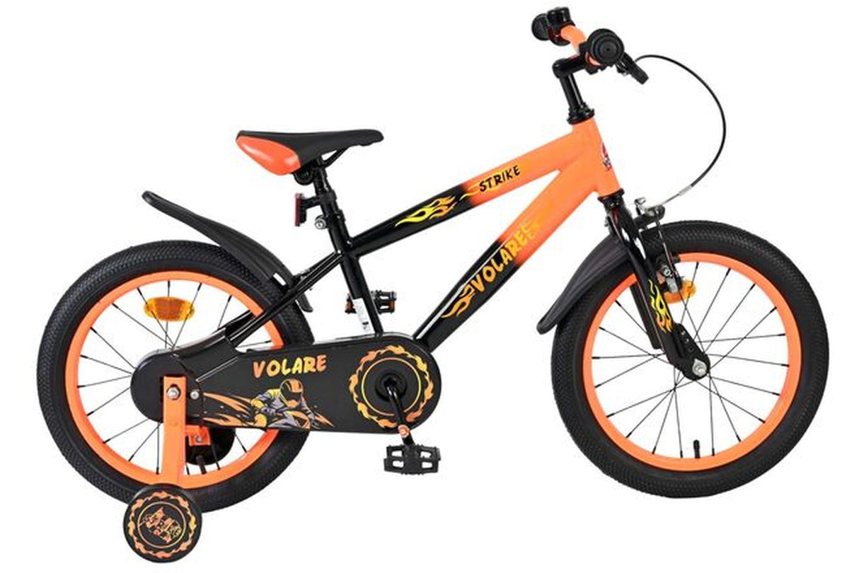 Schwarzes und oranges Kinderfahrrad mit 16-Zoll-Rädern und Stützrädern