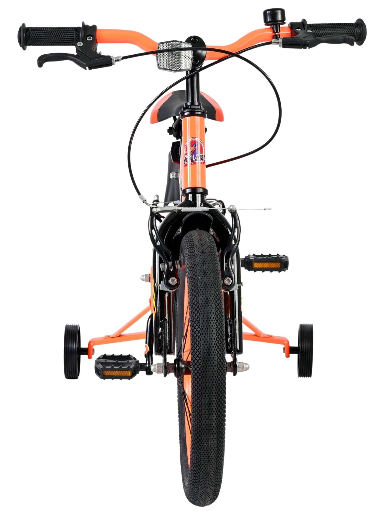 Fahrrad mit orangefarbenem Rahmen, zwei Rädern und Pedalen von vorne gesehen