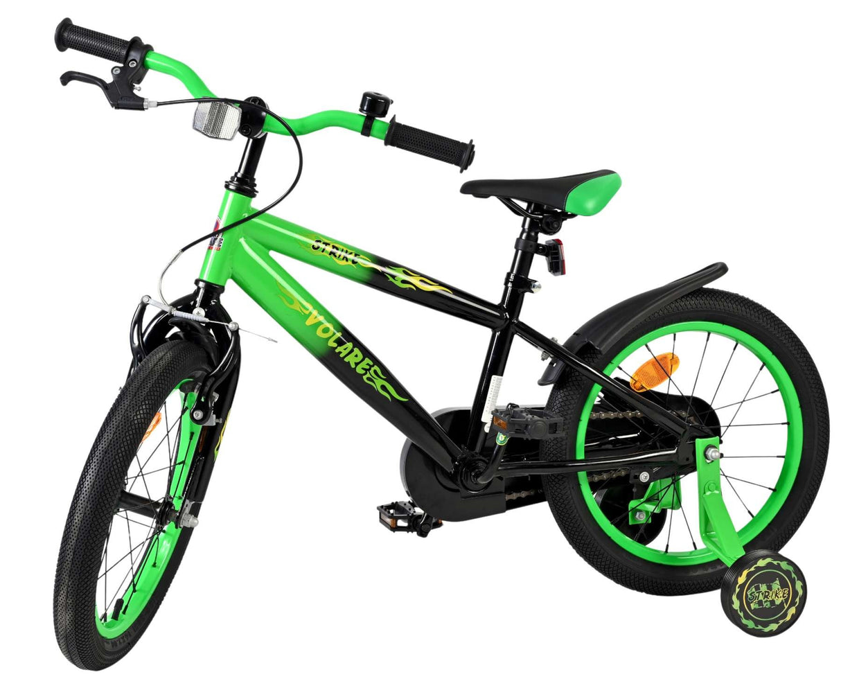 Schwarzes Kinderfahrrad mit grünen Akzenten und stabilen Reifen