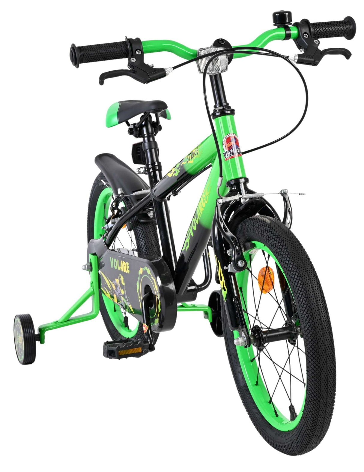 Kinderfahrrad in Schwarz und Grün mit Stützrädern und sportlichem Design