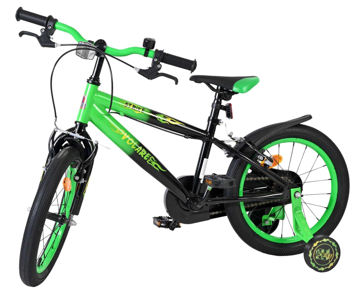Schwarzes Kinderfahrrad mit grünen Akzenten und stabilen Reifen