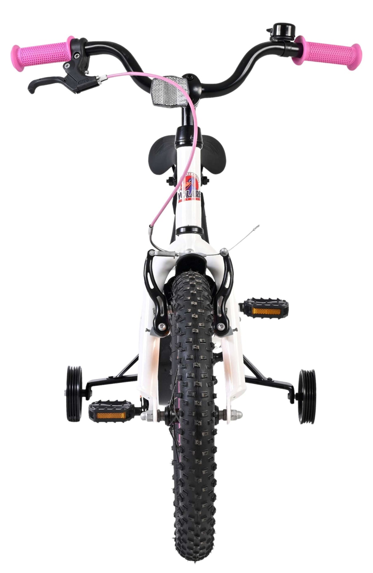 Kinderfahrrad mit pinken Griffen und Stützrädern, schwarze Reifen