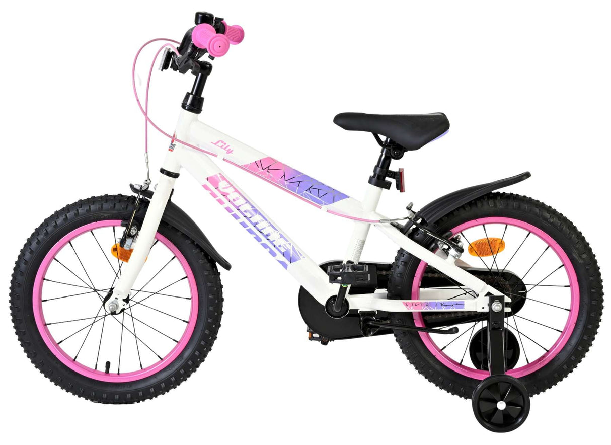 Kinderfahrrad in Weiß mit pinken Akzenten und Stützrädern