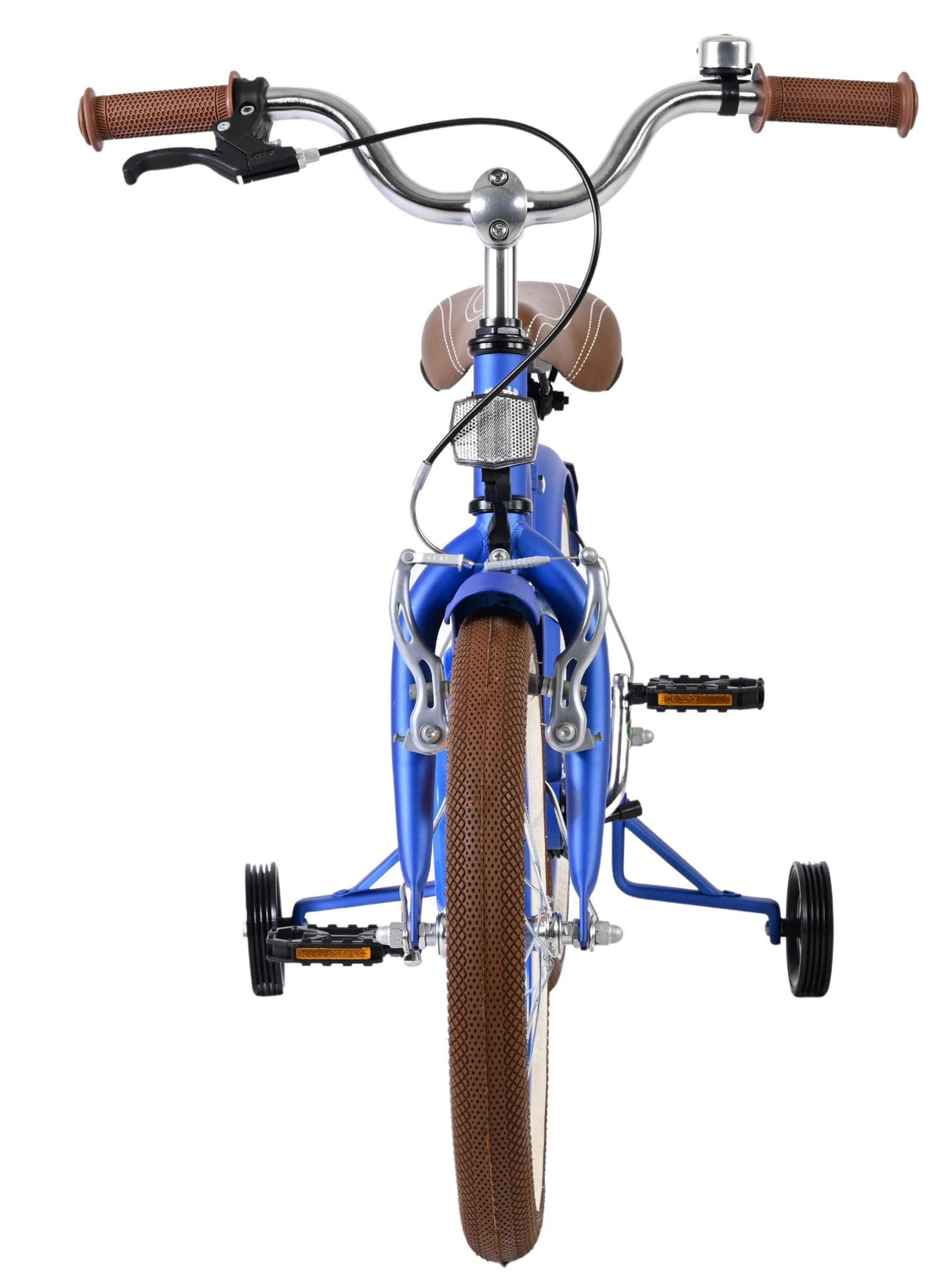 Blaues Kinderfahrrad mit braunen Griffen und Stützrädern