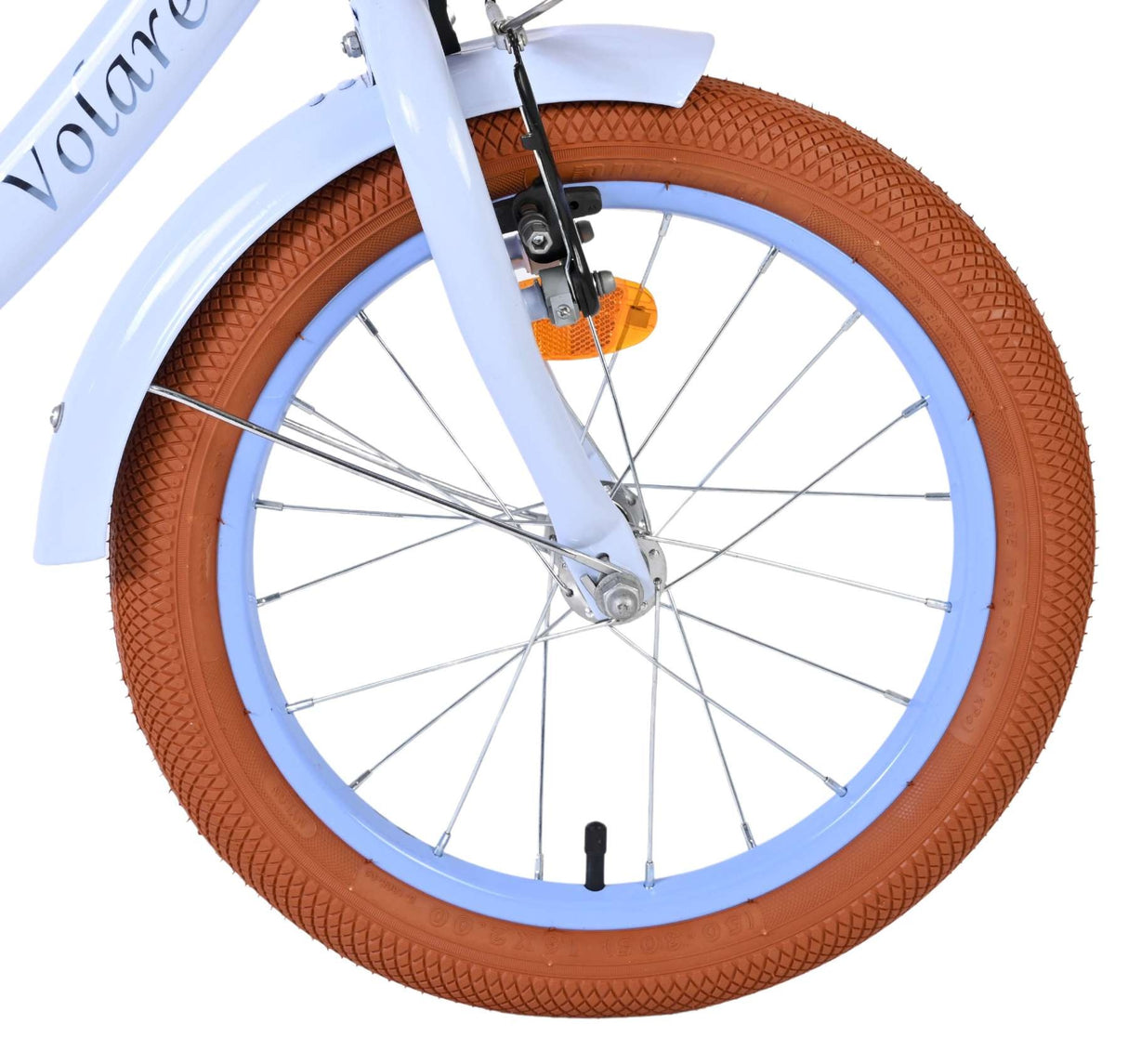 Vorderrad eines Fahrrads mit braunem Reifen und blauen Felgen