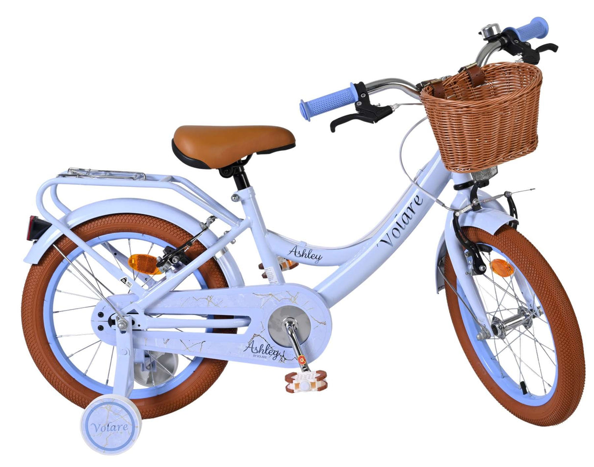 Blaues Kinderfahrrad mit Korb, braunen Reifen und bequemer Sitzfläche