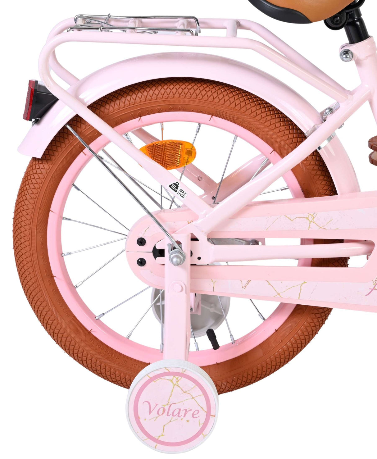 Rosa Fahrrad mit braunem Reifen und reflektierendem Rücklicht