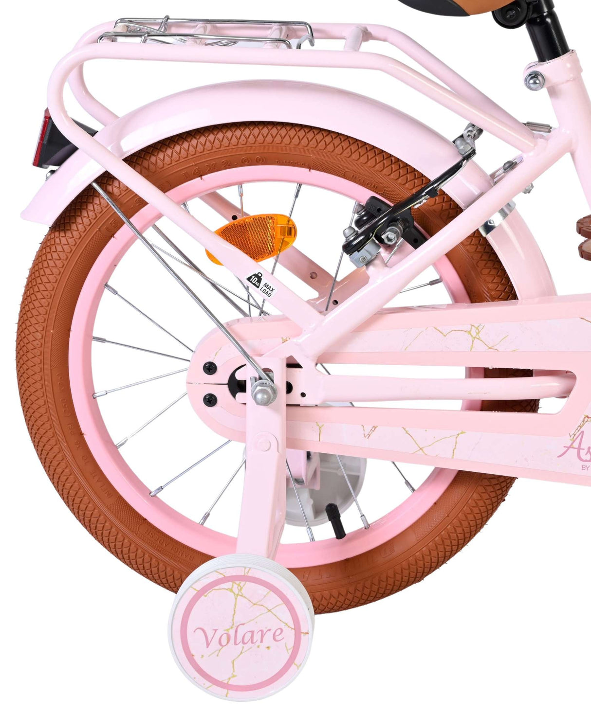 Rosa Fahrrad mit braunem Reifen und Stützrädern