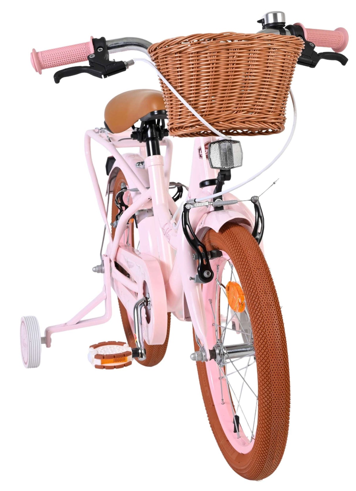 Rosa Kinderfahrrad mit Korb, braunen Reifen und Stützrädern
