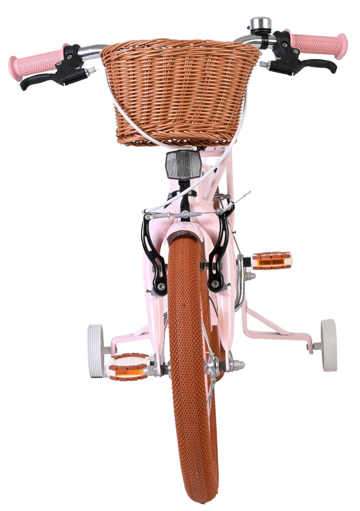 Rosa Kinderfahrrad mit Korb und orangefarbenen Reifen