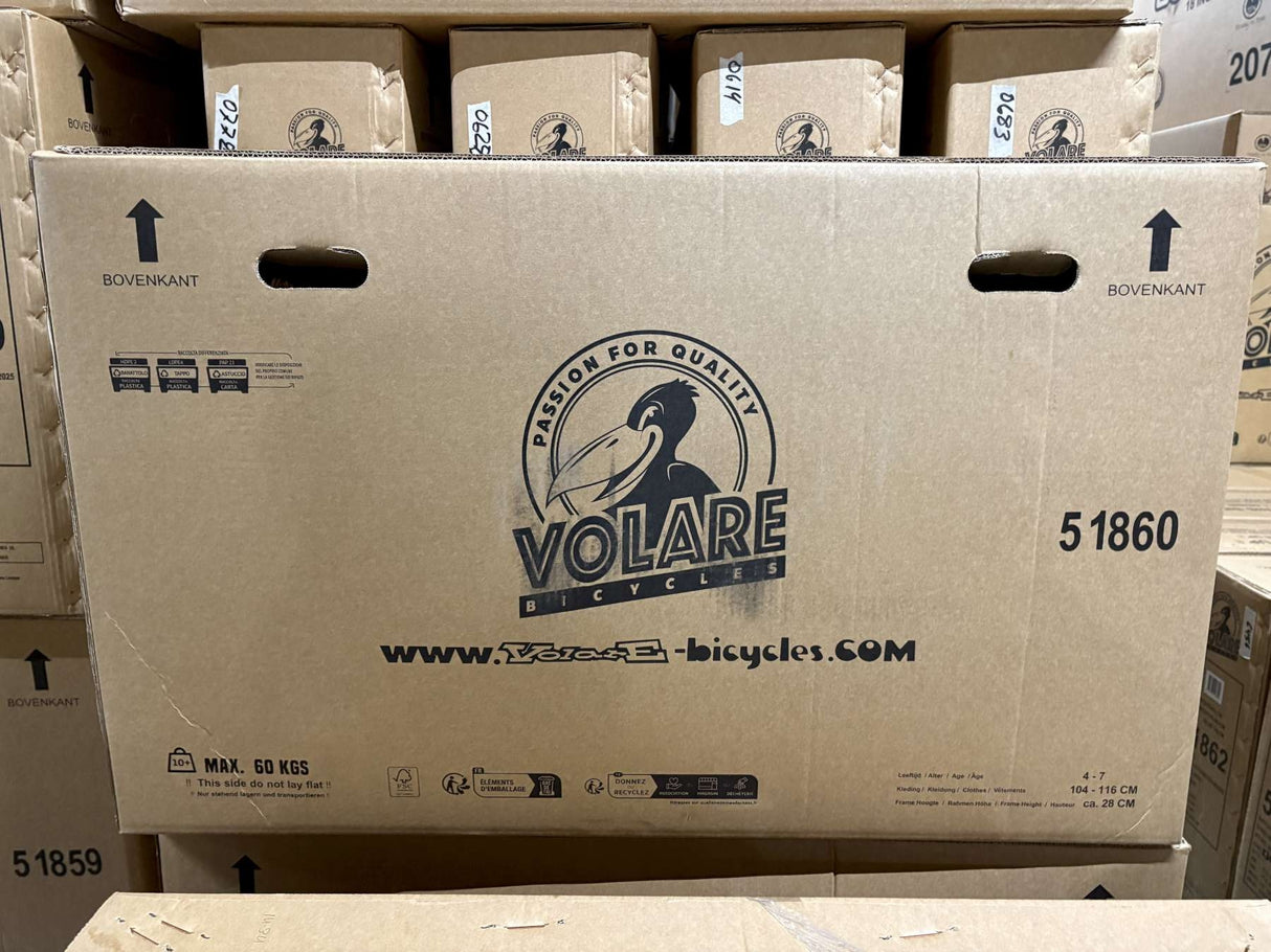 Kartonverpackung für Fahrräder mit Logo und Versandinformationen