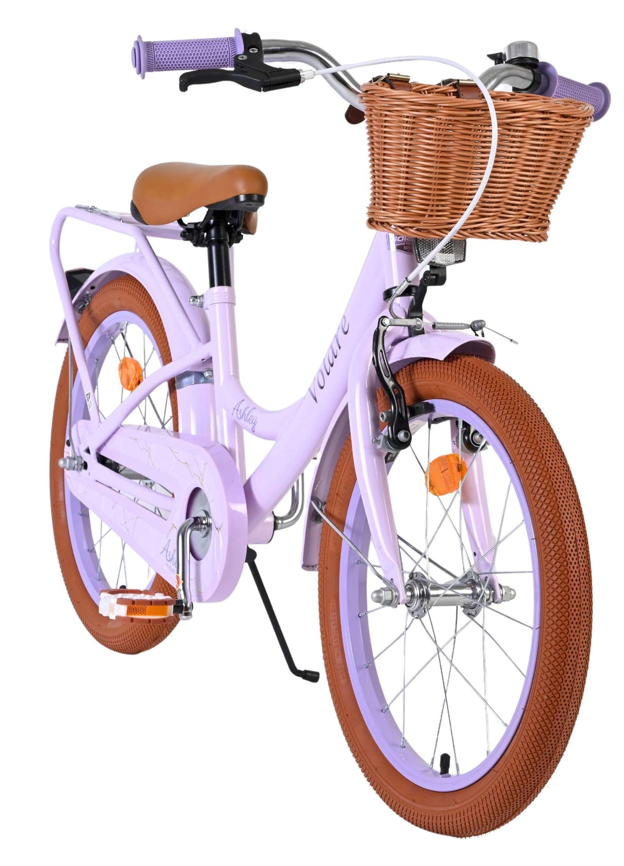Lila Kinderfahrrad mit Korb und braunen Reifen