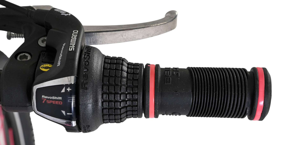 Fahrradgriff mit Schaltmechanismus und Gummibeschichtung in Schwarz und Rot