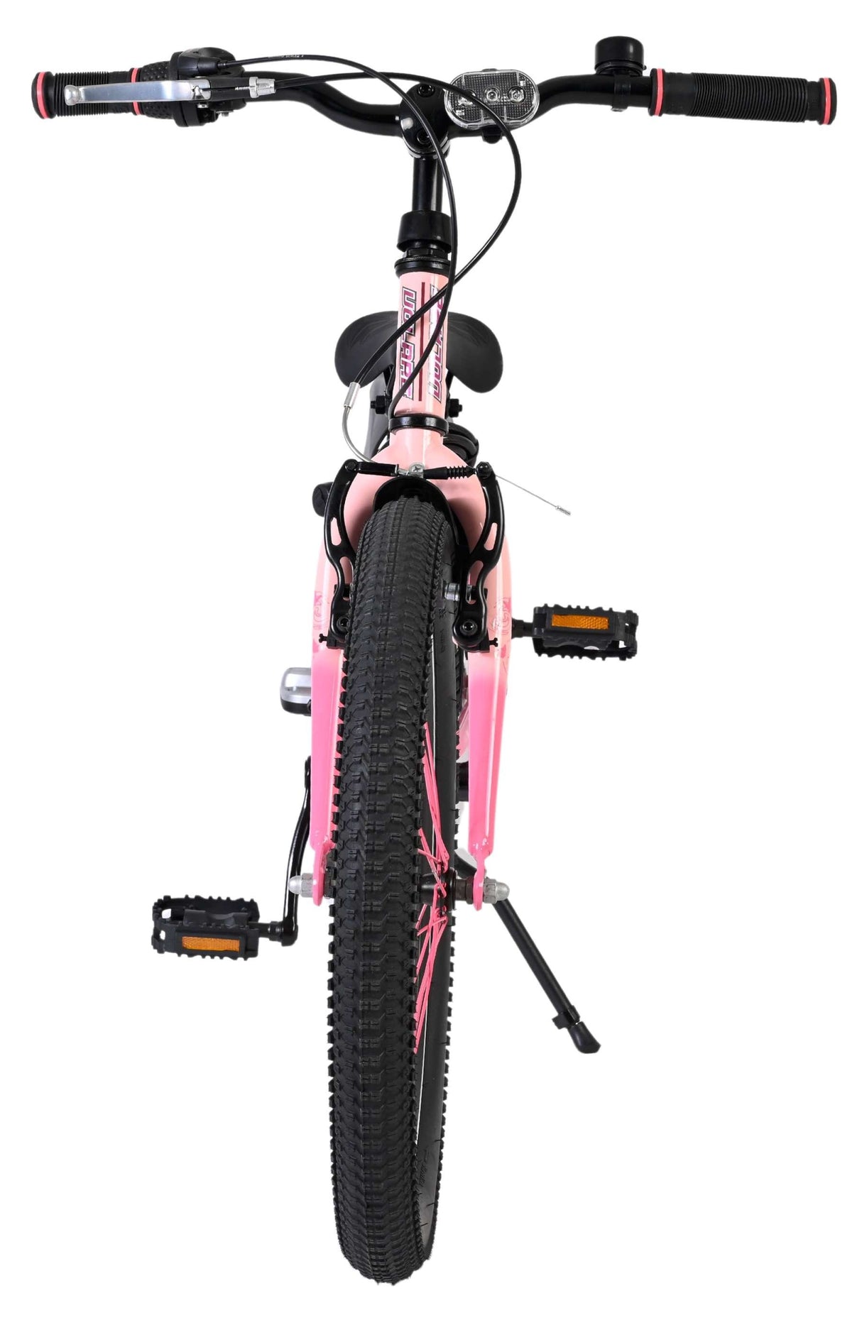 Rosa Mountainbike von oben mit grobem Reifen und Pedalen