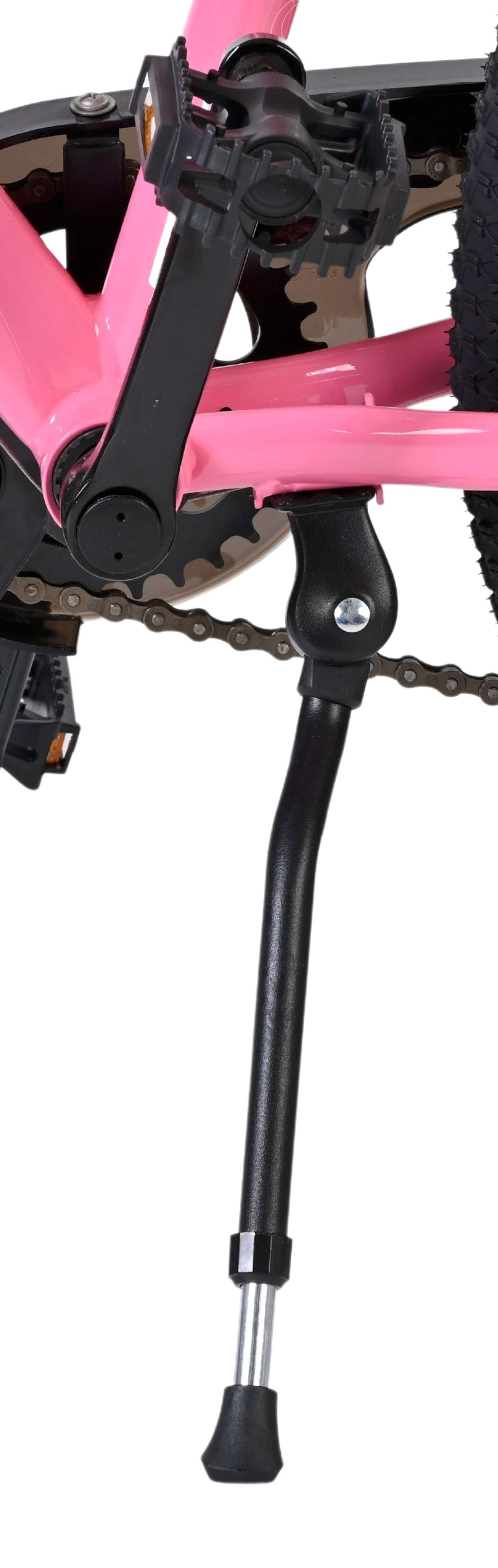 Schwarzer Fahrradständer an pinkem Fahrradrahmen montiert