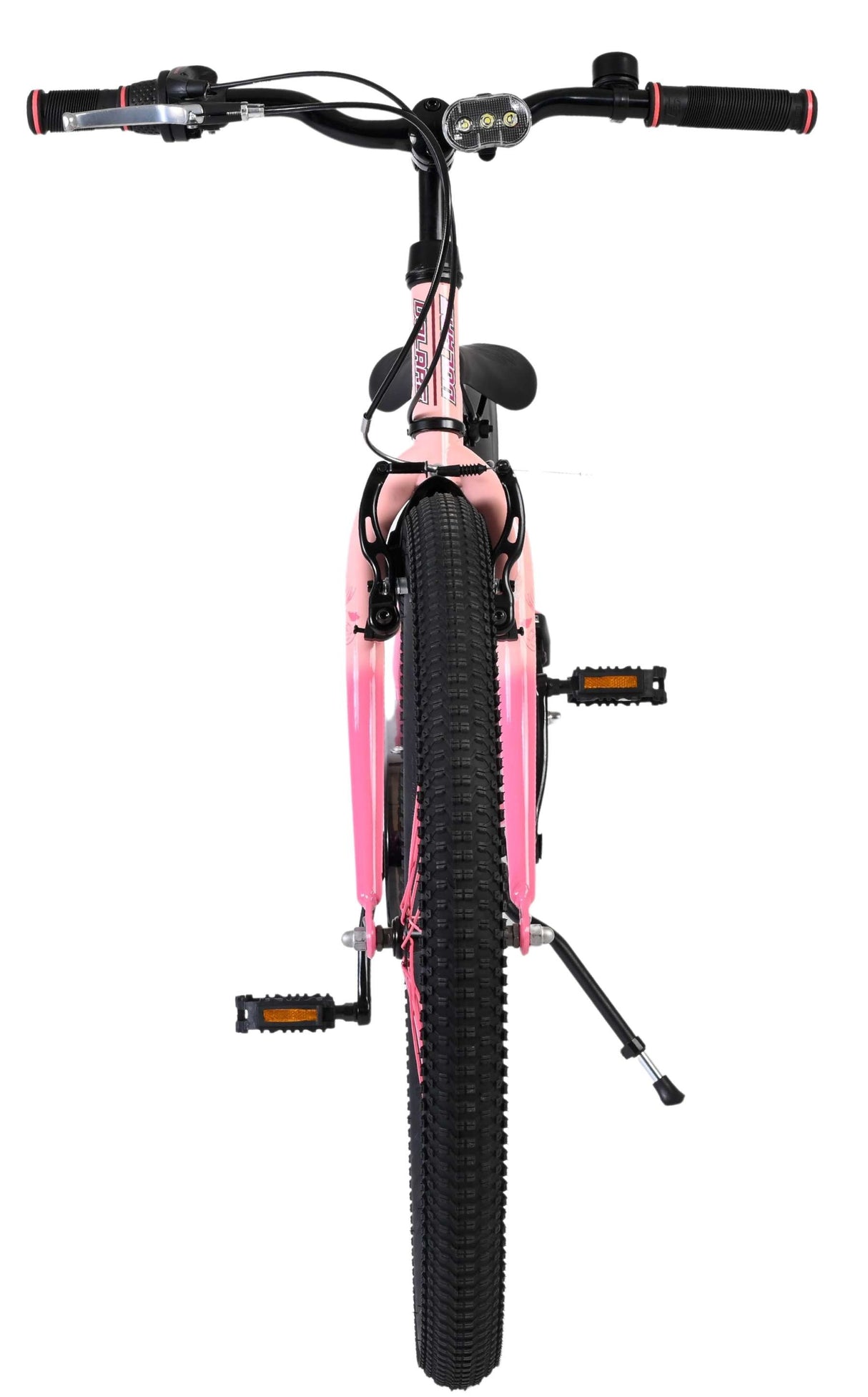 Rosa Mountainbike mit breiten Reifen und schwarzen Griffen von vorne gesehen