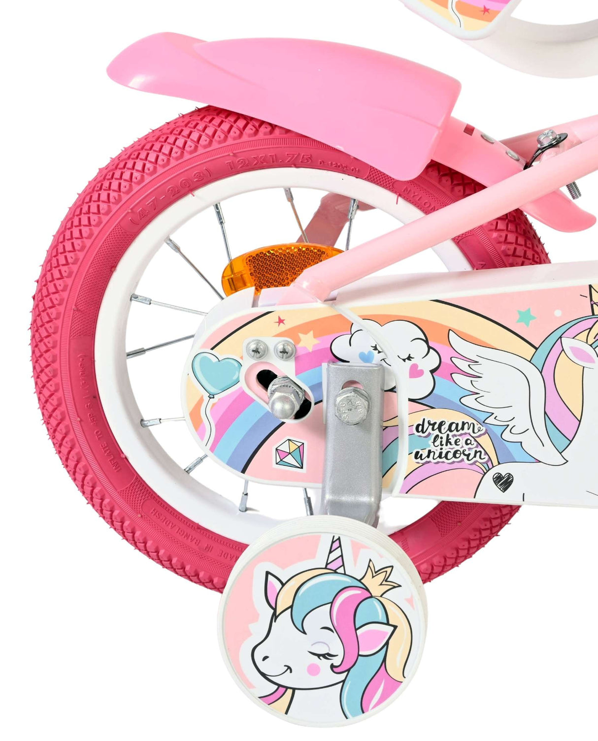 Rosa Kinderfahrrad mit Einhorn-Motiv und bunten Reifen