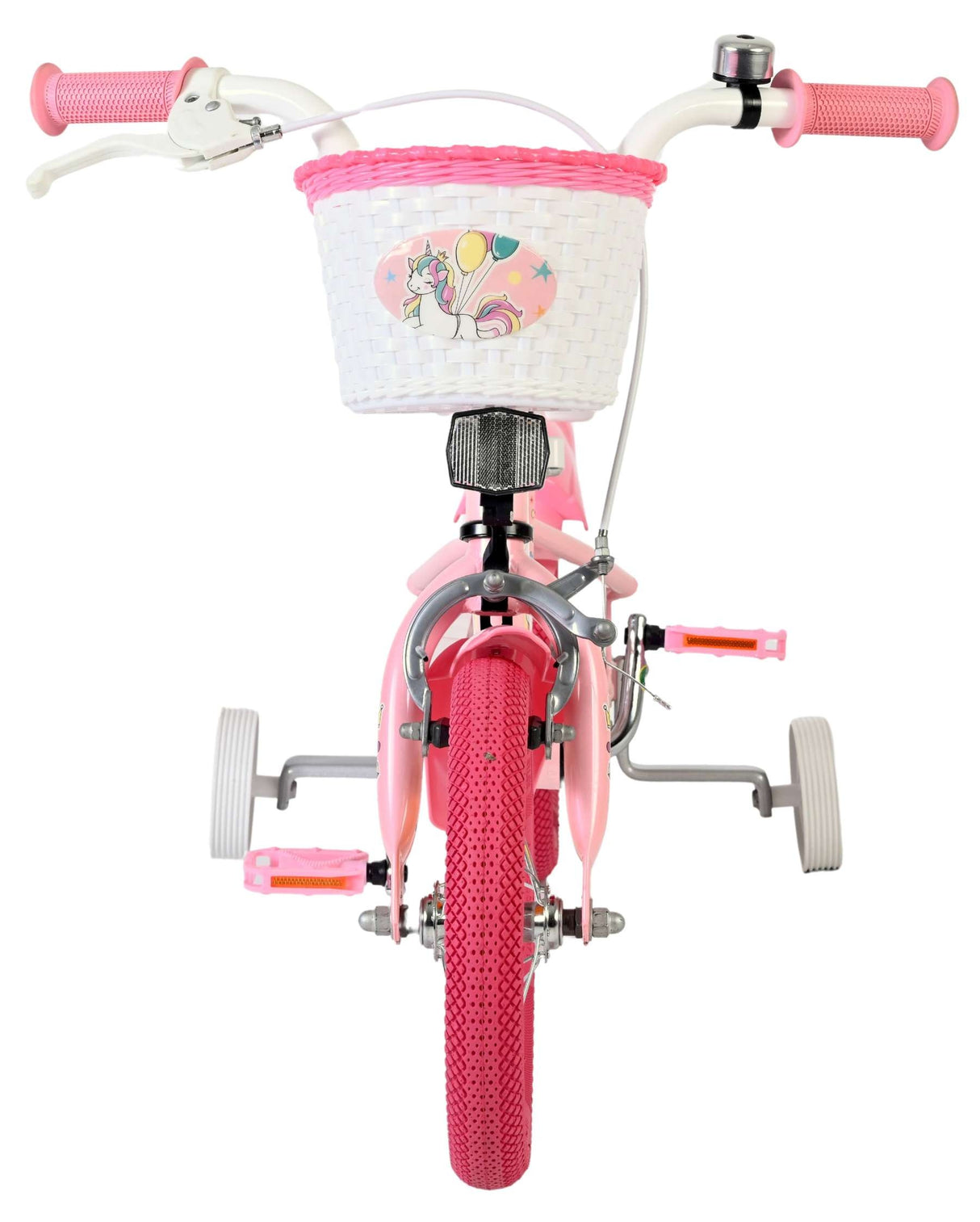 Rosa Kinderfahrrad mit Korb und Stützrädern, einhornmotiviert