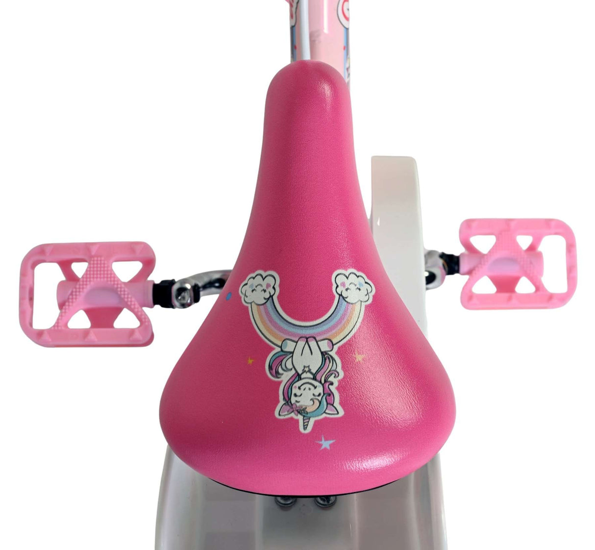 Rosa Kinderfahrradsattel mit Einhorn-Design und Regenbogenmotiv