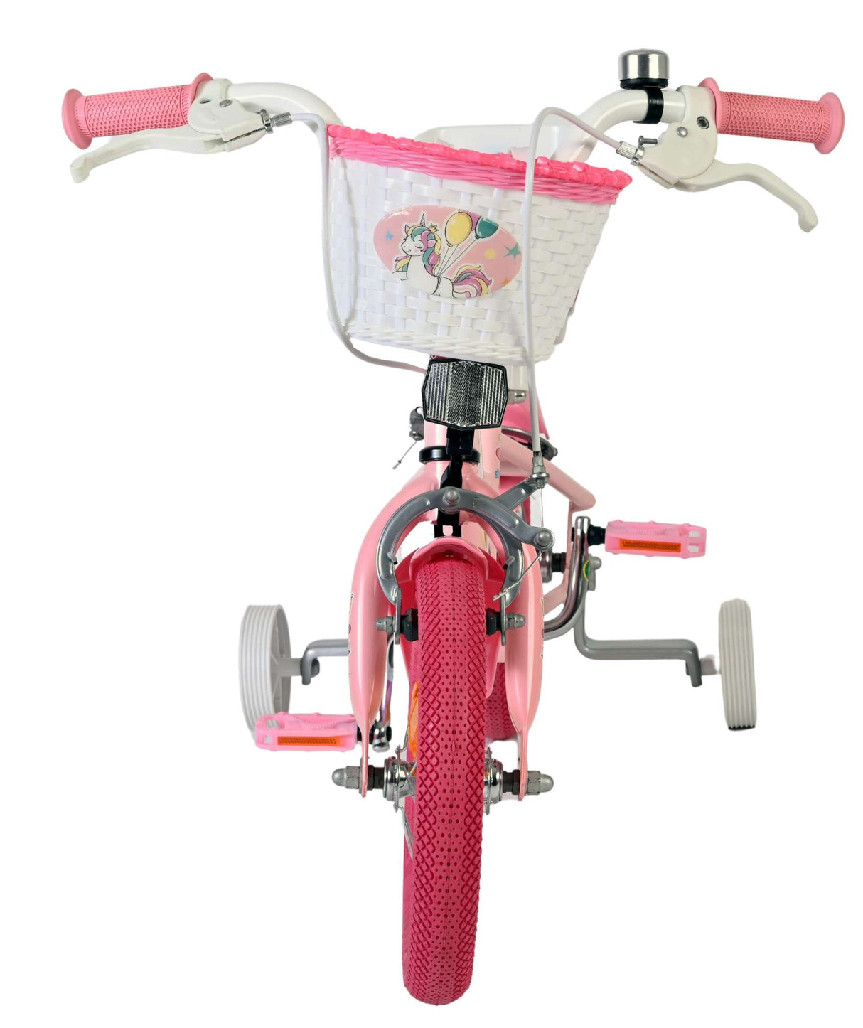 Rosa Kinderfahrrad mit Korb und Stützrädern, Einhornmotiv sichtbar