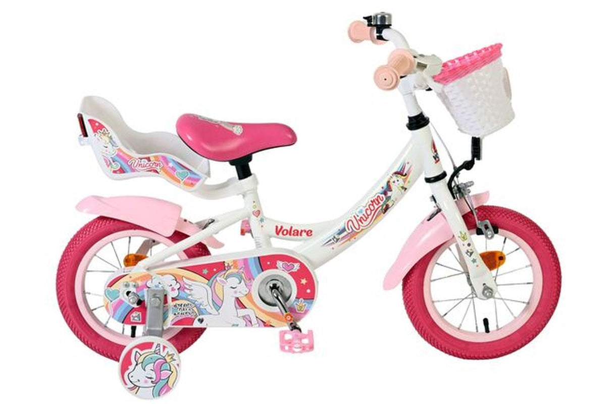 Kinderfahrrad in Weiß und Pink mit Einhorn-Motiv und Korb