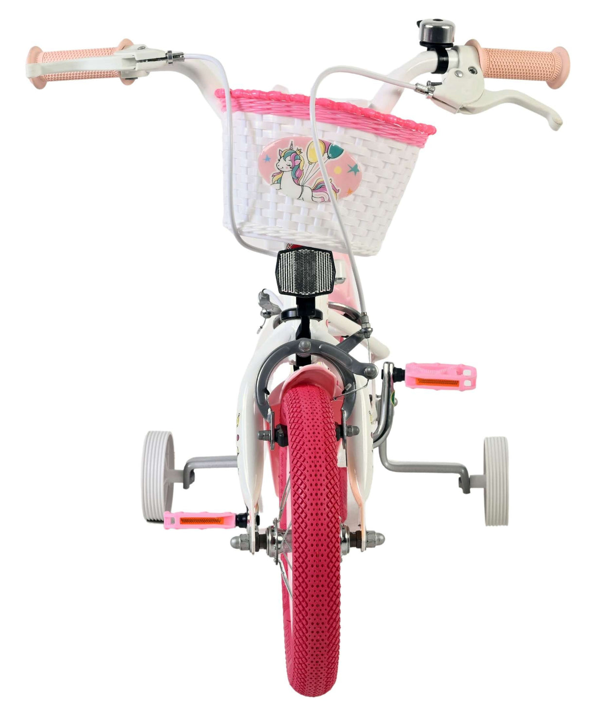 Kinderfahrrad mit pinken Reifen und einem Korb mit Einhorn-Motiv