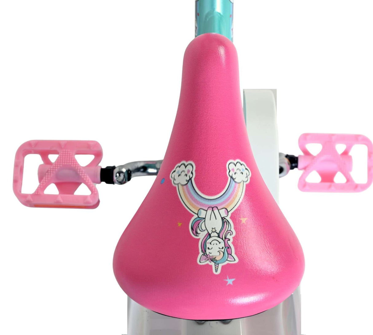 Rosa Fahrradsattel mit Einhorn-Motiv und buntem Regenbogen