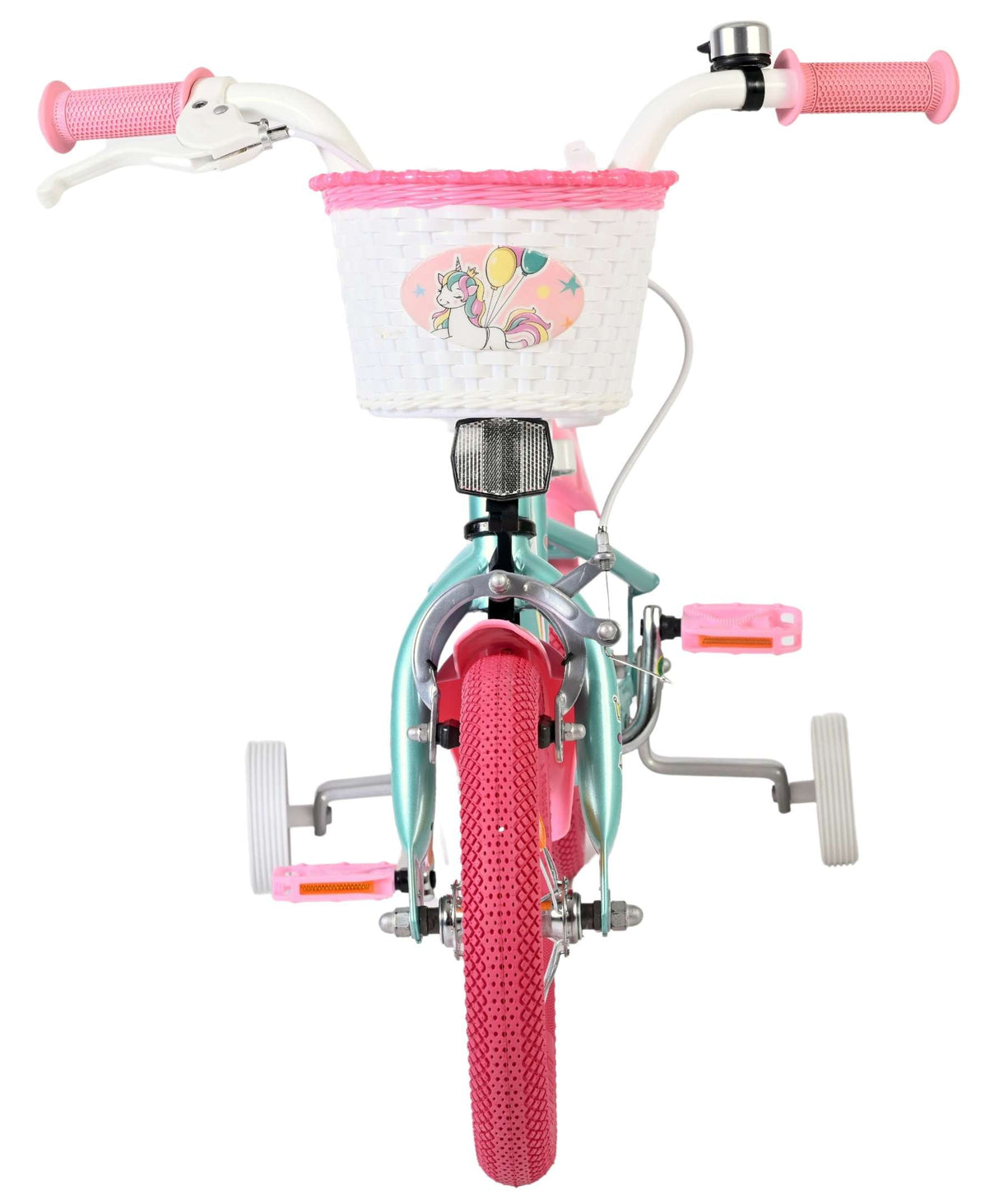 Kinderfahrrad in Pink und Blau mit Einhornkorb und Stützrädern