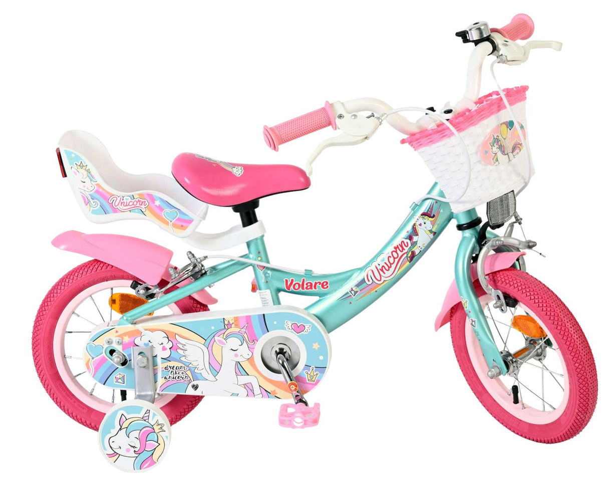 Kinderfahrrad in Türkis und Pink mit Einhorn-Motiv und Korb