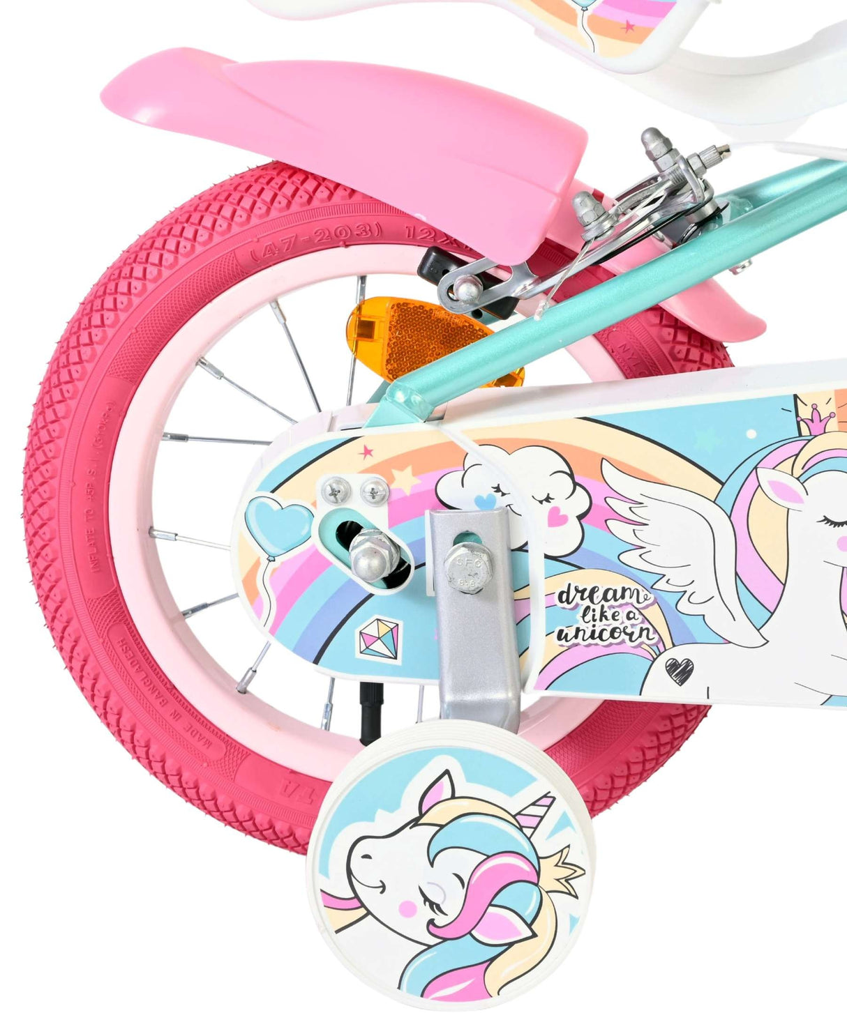 Buntes Kinderfahrrad mit Einhorn-Motiv und pinken Reifen