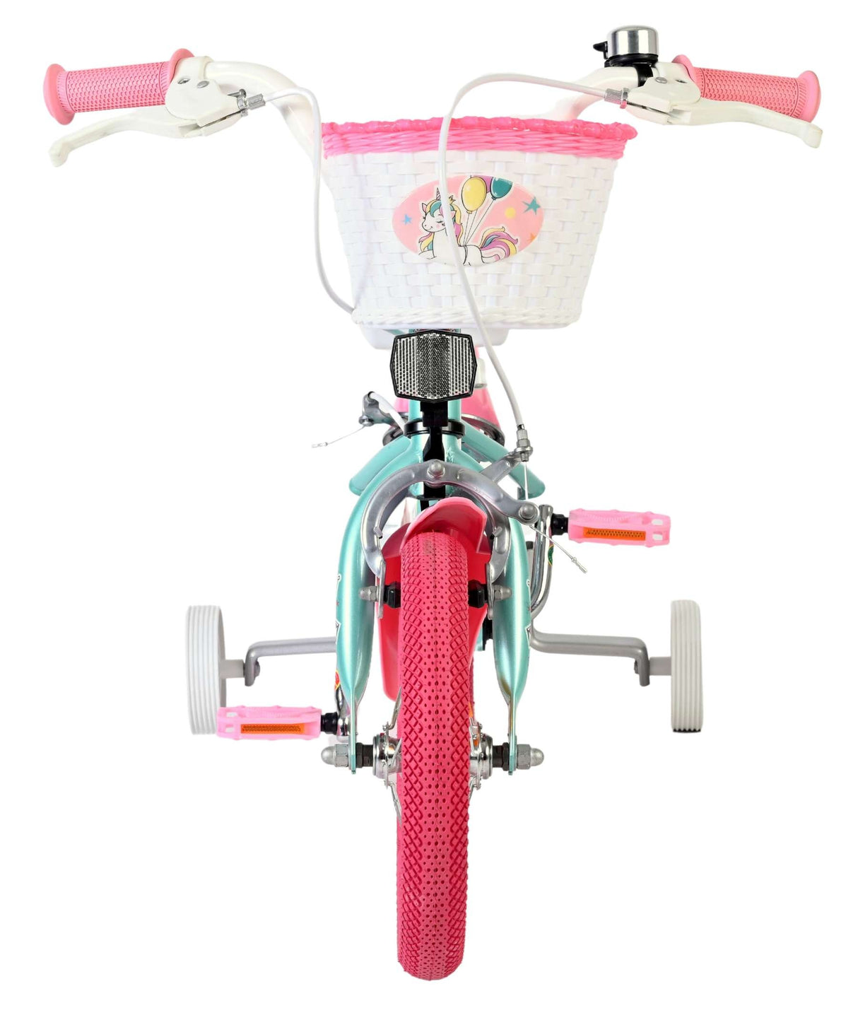 Kinderfahrrad mit pinkem Korb und bunten Reifen, stabiler Rahmen
