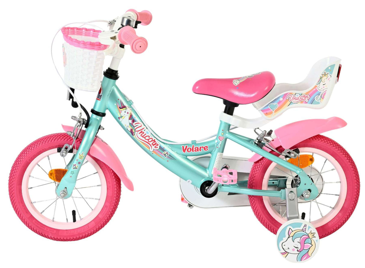 Kinderfahrrad in Mintgrün und Pink mit Einhorn-Motiv und Korb