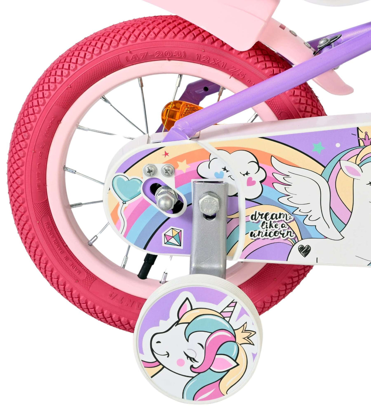 Buntes Kinderfahrrad mit Einhorn-Motiv und pinken Reifen